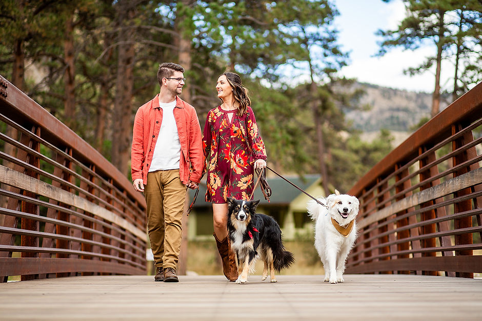 Engaged couple with dogs in the mountains of Colorado