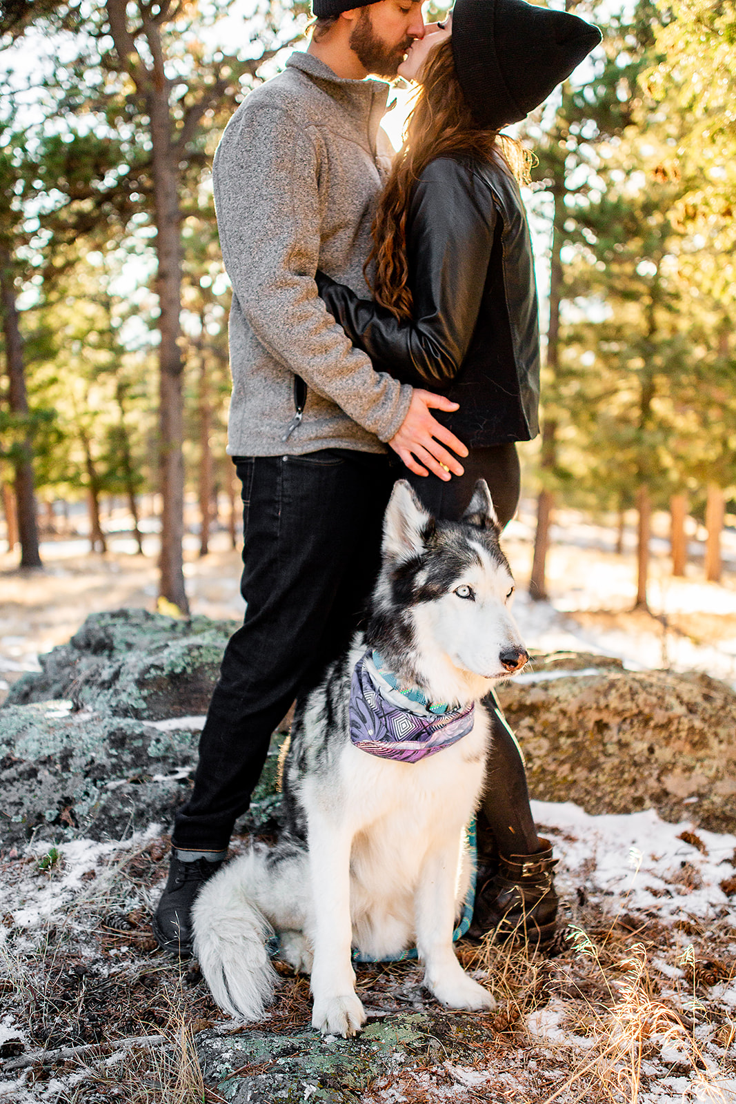 Engagement photo with husky dog in the mountains near Denver