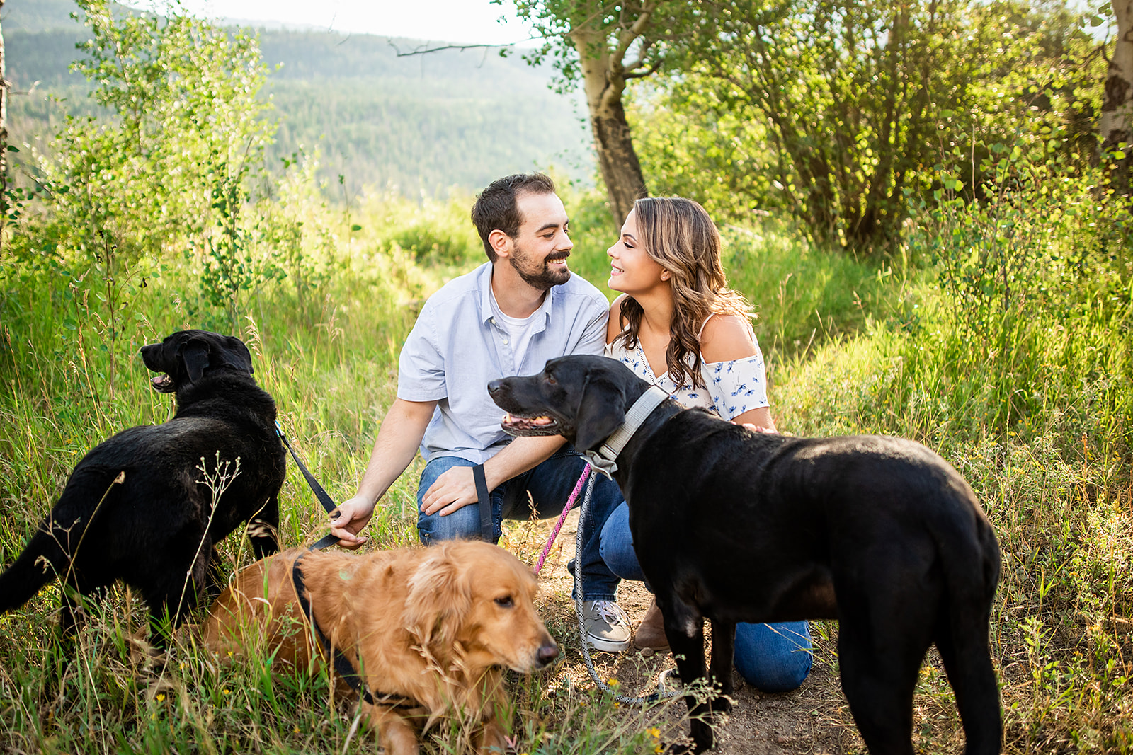 Engaged couple with their dogs in rocky mountain national park
