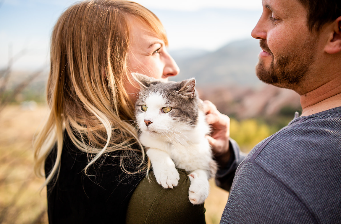 Engaged couple with their cat at Red Rocks